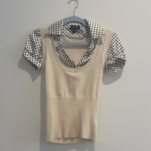 bebe Tops - Bebe Beige and Black Polka Dot Blouse
